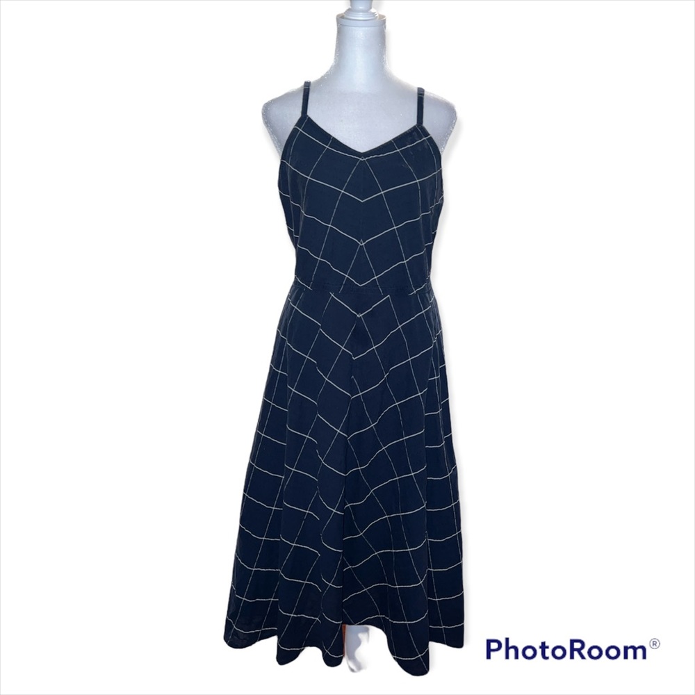 L.L. Bean Navy and White Windowpane Midi Slip Dress